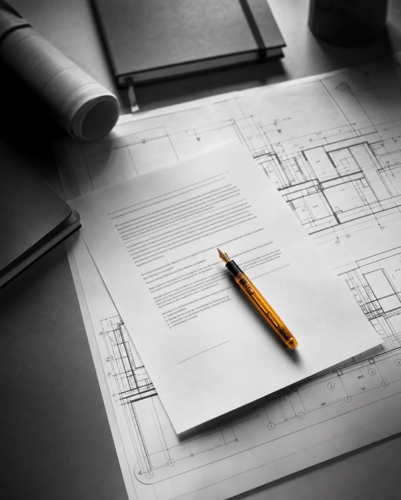 A fountain pen resting on a typed briefing document laid over architectural blueprints.