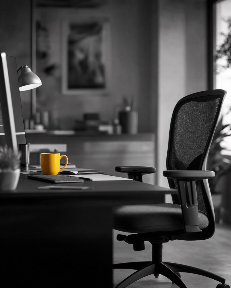 A quiet office desk with an empty chair, a computer, and a single yellow coffee mug.